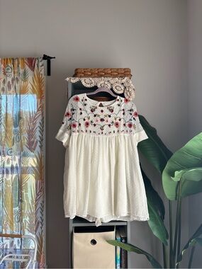 zara swiss dot & embroidered flower romper dress